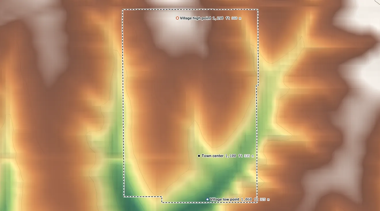 Topographic elevation map of Village of Mount Hope, Wisconsin, shaded from 1,060 ft on the south side to 1,190 ft on the north side