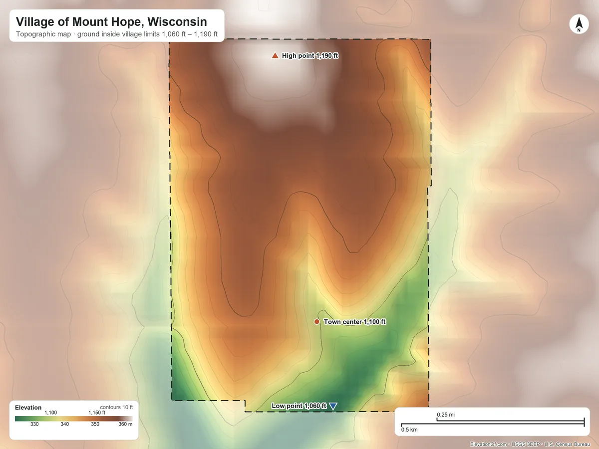 Topographic elevation map of Village of Mount Hope, Wisconsin, shaded from 1,060 ft on the south side to 1,190 ft on the north side
