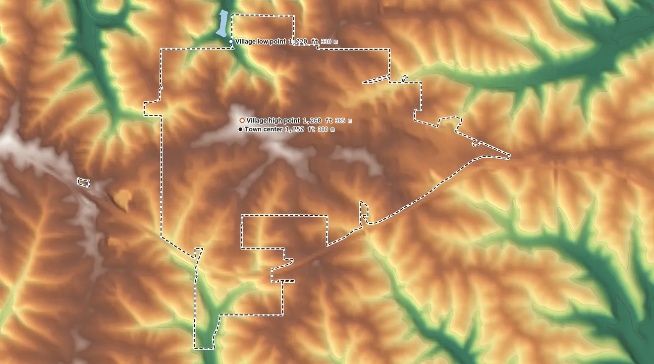 Topographic elevation map of Mount Horeb, Wisconsin, shaded from 1,020 ft on the north side to 1,260 ft near the middle