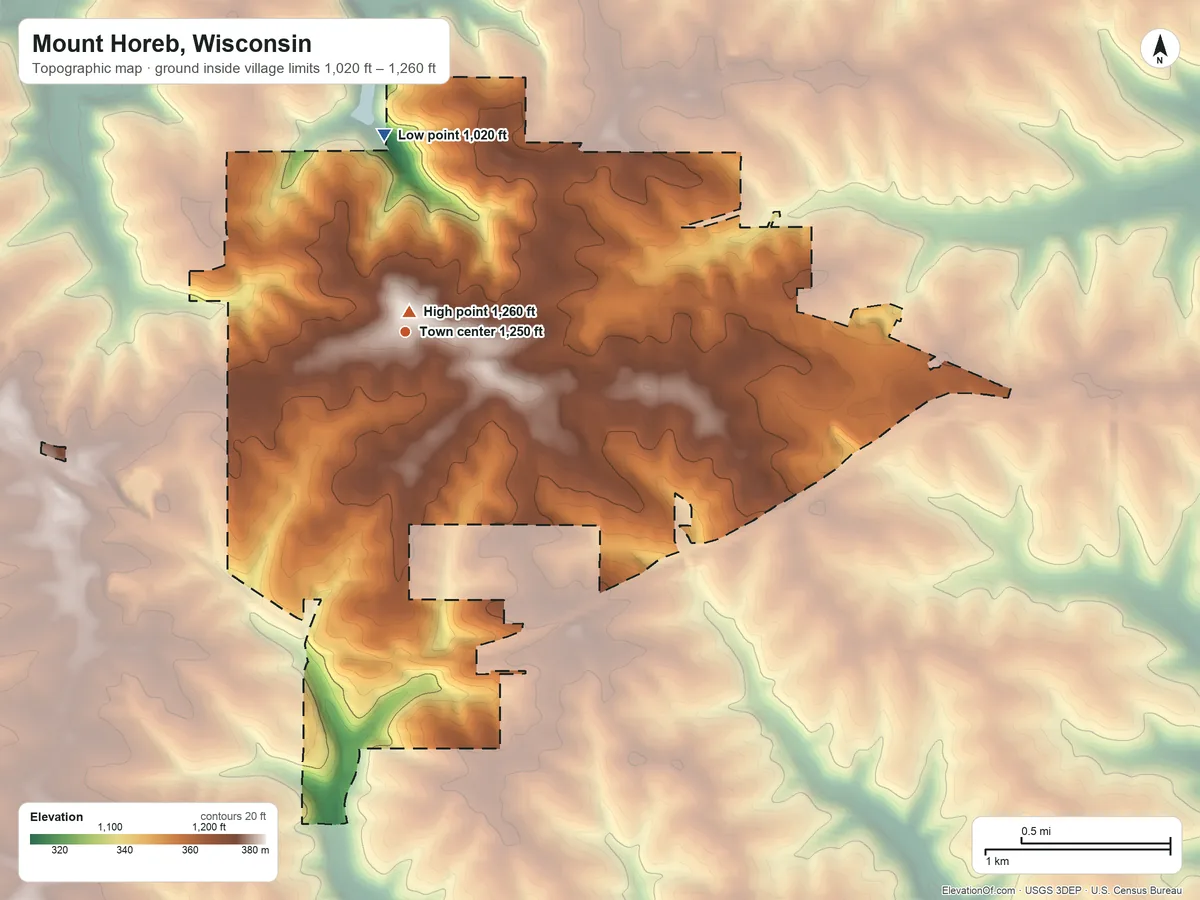 Topographic elevation map of Mount Horeb, Wisconsin, shaded from 1,020 ft on the north side to 1,260 ft near the middle
