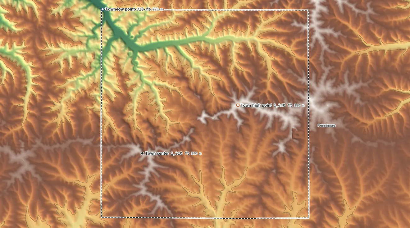 Topographic elevation map of Mount Ida, Wisconsin, shaded from 720 ft on the north side to 1,240 ft on the northeast side