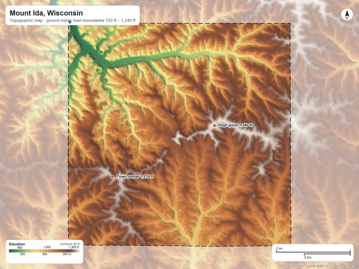 Topographic elevation map of Mount Ida, Wisconsin, shaded from 720 ft on the north side to 1,240 ft on the northeast side