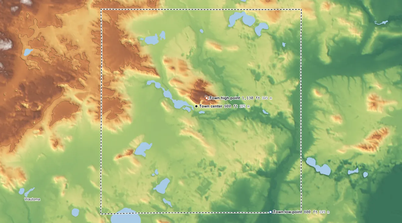 Topographic elevation map of Mount Morris, Wisconsin, shaded from 800 ft on the southeast side to 1,133 ft on Mount Morris