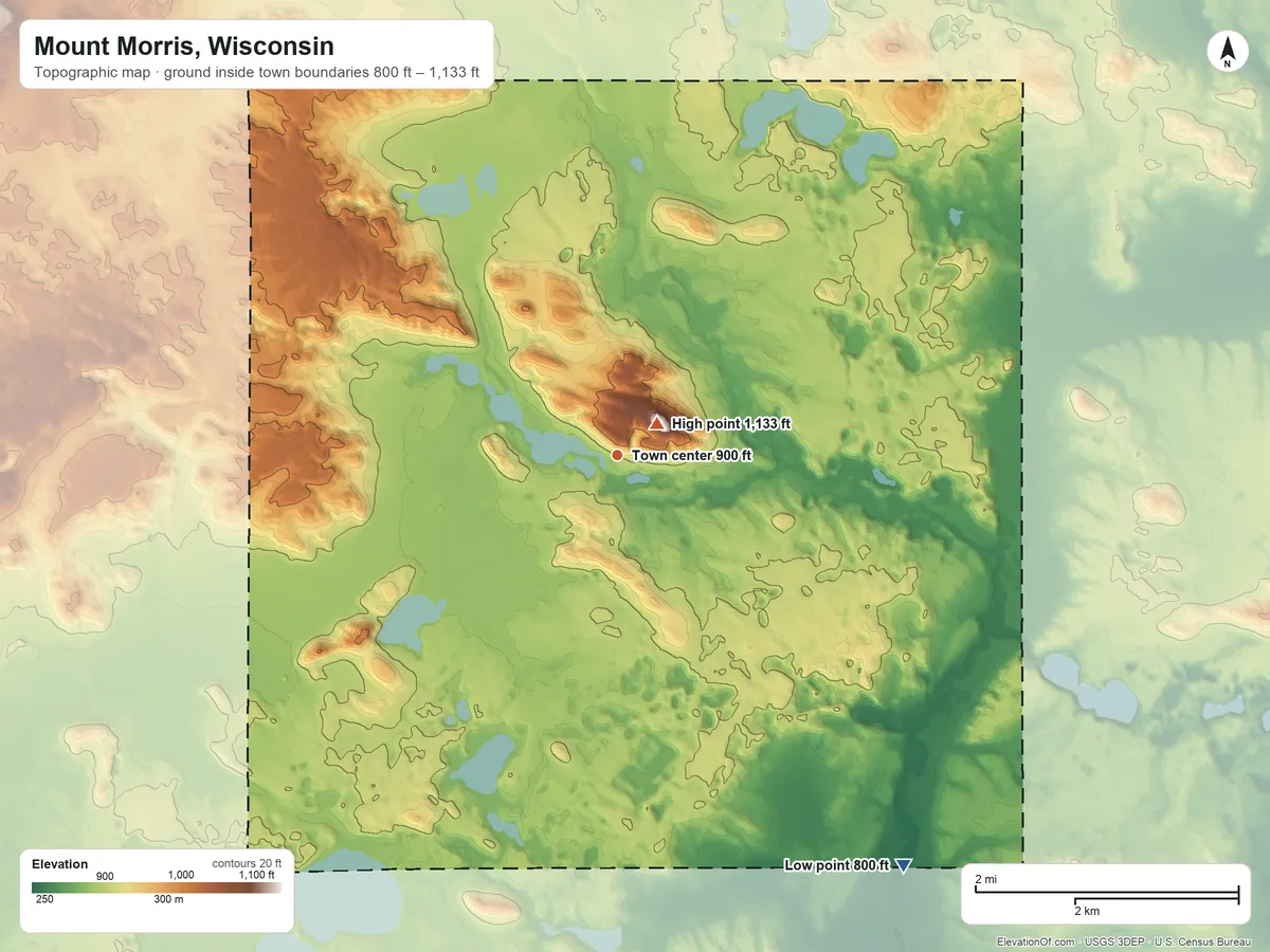 Topographic elevation map of Mount Morris, Wisconsin, shaded from 800 ft on the southeast side to 1,133 ft on Mount Morris