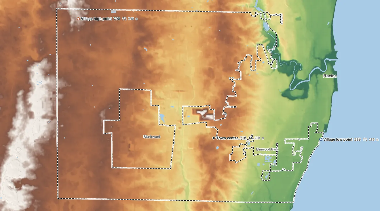 Topographic elevation map of Mount Pleasant, Wisconsin, shaded from 590 ft on the east side to 790 ft on the northwest side