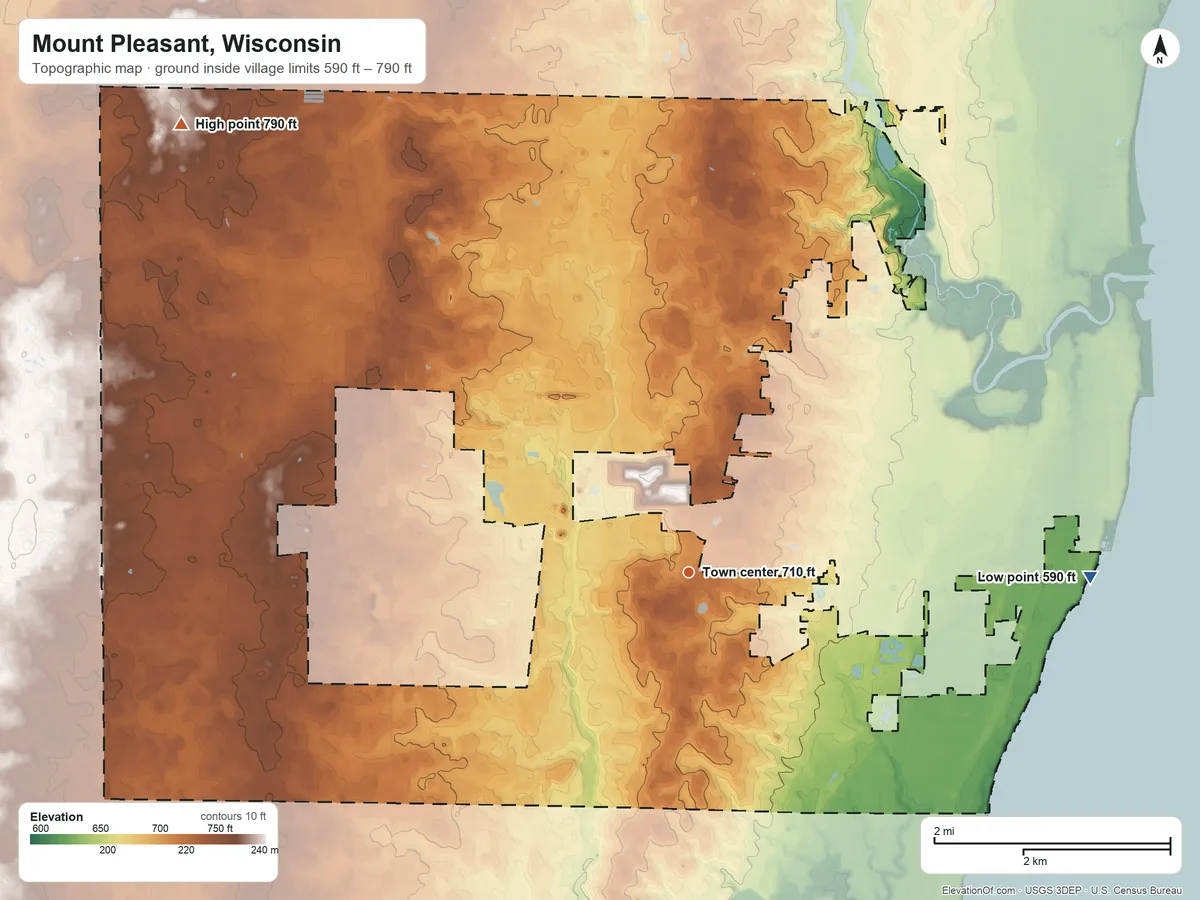 Topographic elevation map of Mount Pleasant, Wisconsin, shaded from 590 ft on the east side to 790 ft on the northwest side