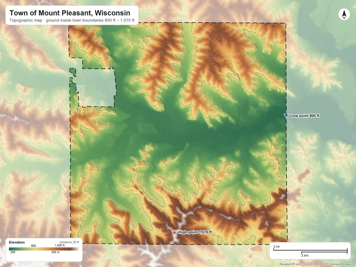 Topographic elevation map of Town of Mount Pleasant, Wisconsin, shaded from 800 ft on the east side to 1,070 ft on the south side
