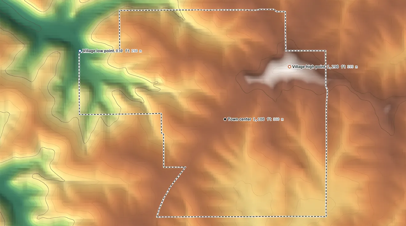Topographic elevation map of Mount Sterling, Wisconsin, shaded from 830 ft on the northwest side to 1,290 ft on the northeast side