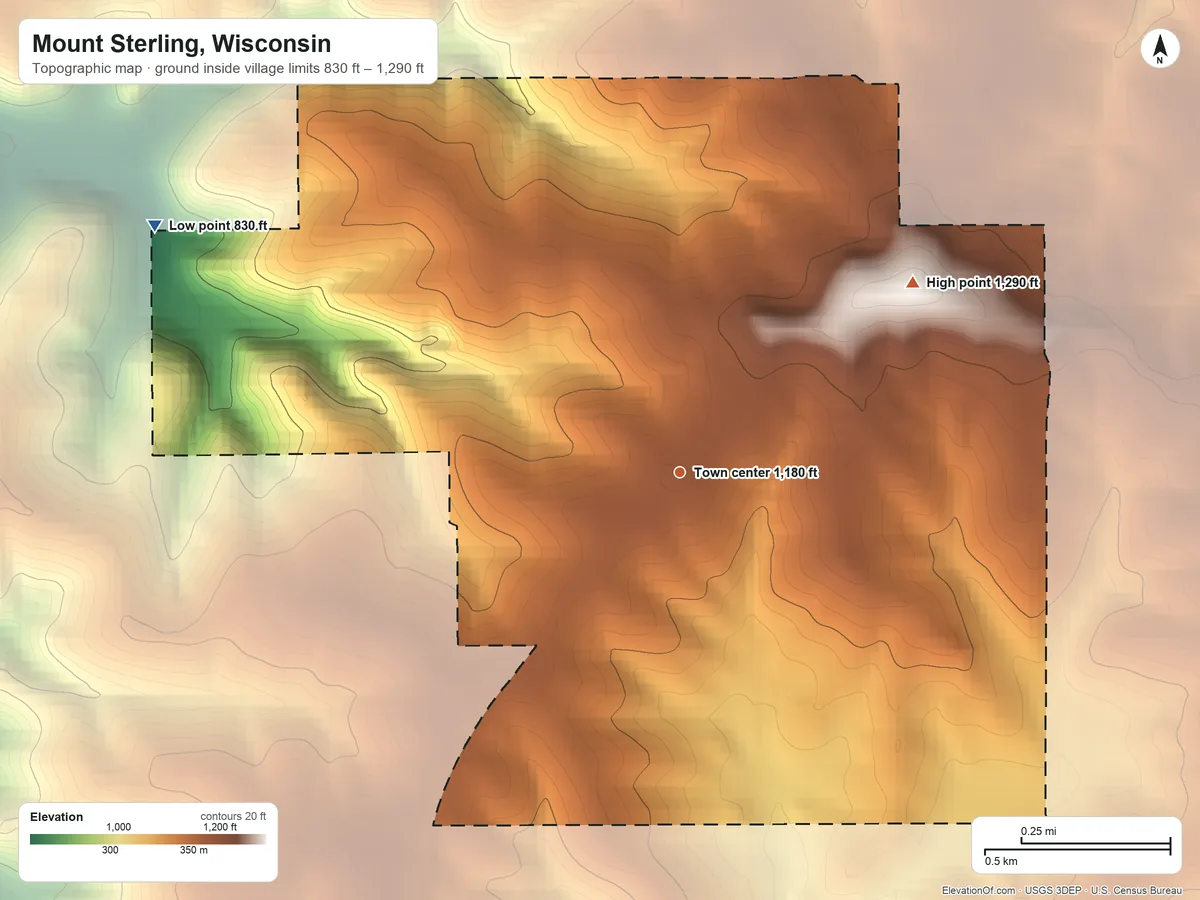 Topographic elevation map of Mount Sterling, Wisconsin, shaded from 830 ft on the northwest side to 1,290 ft on the northeast side