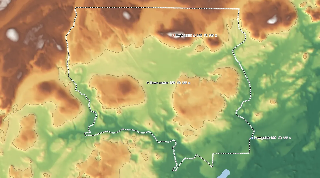 Topographic elevation map of Mountain, Oconto County, Wisconsin, shaded from 900 ft on the southeast side to 1,140 ft on the northeast side