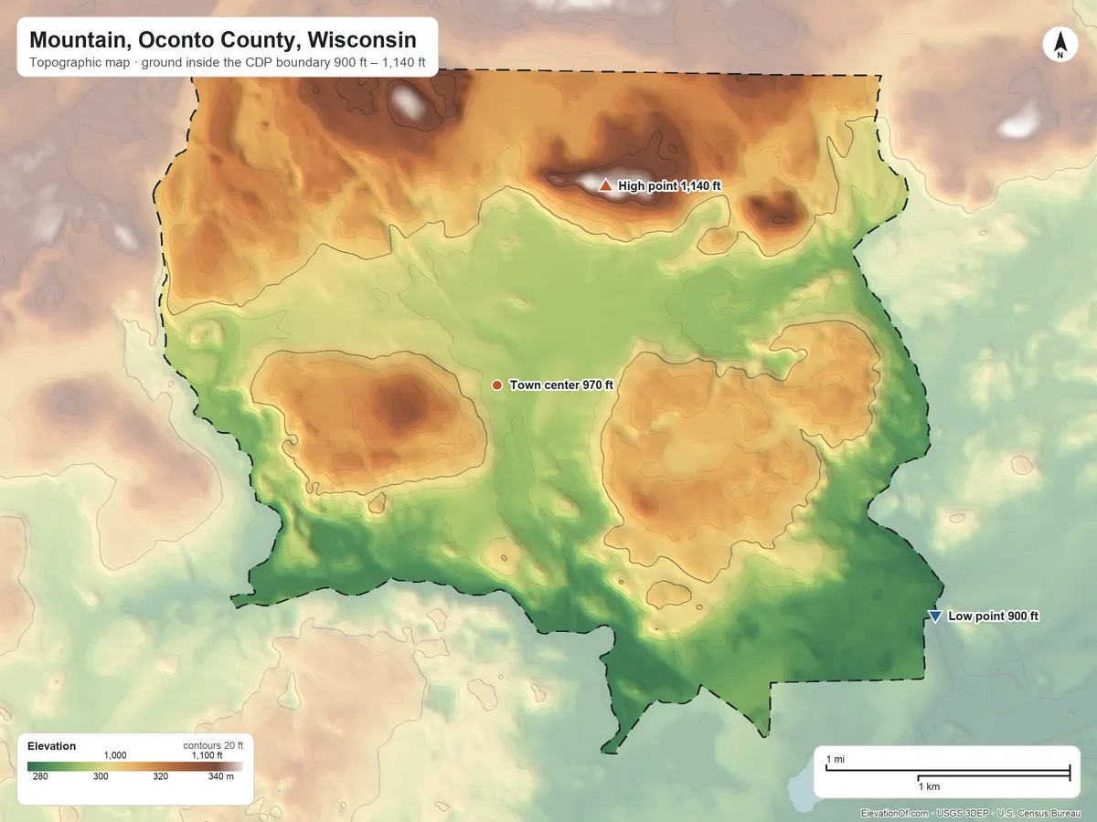 Topographic elevation map of Mountain, Oconto County, Wisconsin, shaded from 900 ft on the southeast side to 1,140 ft on the northeast side