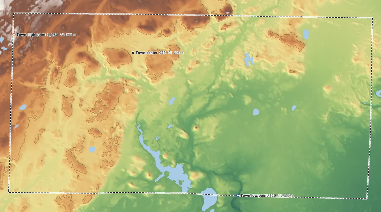 Topographic elevation map of Mountain, Wisconsin, shaded from 820 ft on the southeast side to 1,180 ft on the west side
