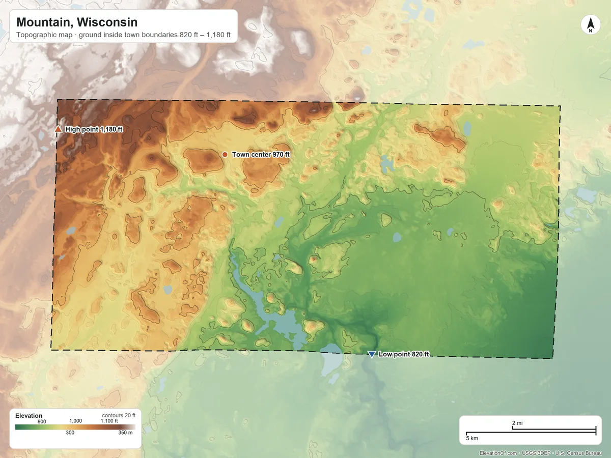 Topographic elevation map of Mountain, Wisconsin, shaded from 820 ft on the southeast side to 1,180 ft on the west side