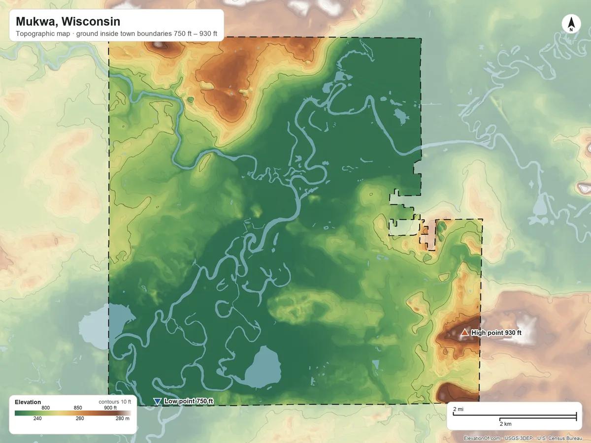 Topographic elevation map of Mukwa, Wisconsin, shaded from 750 ft on the southwest side to 930 ft on the southeast side