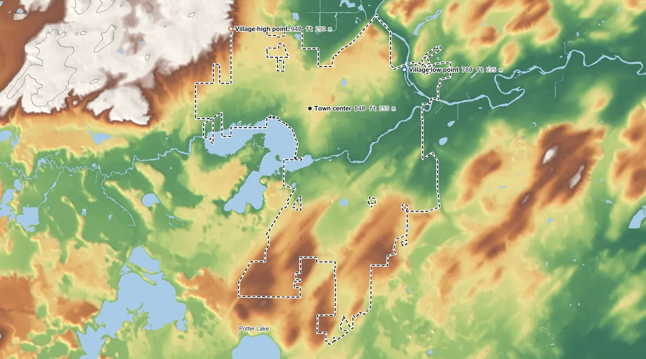 Topographic elevation map of Mukwonago, Wisconsin, shaded from 780 ft on the east side to 940 ft on the northwest side