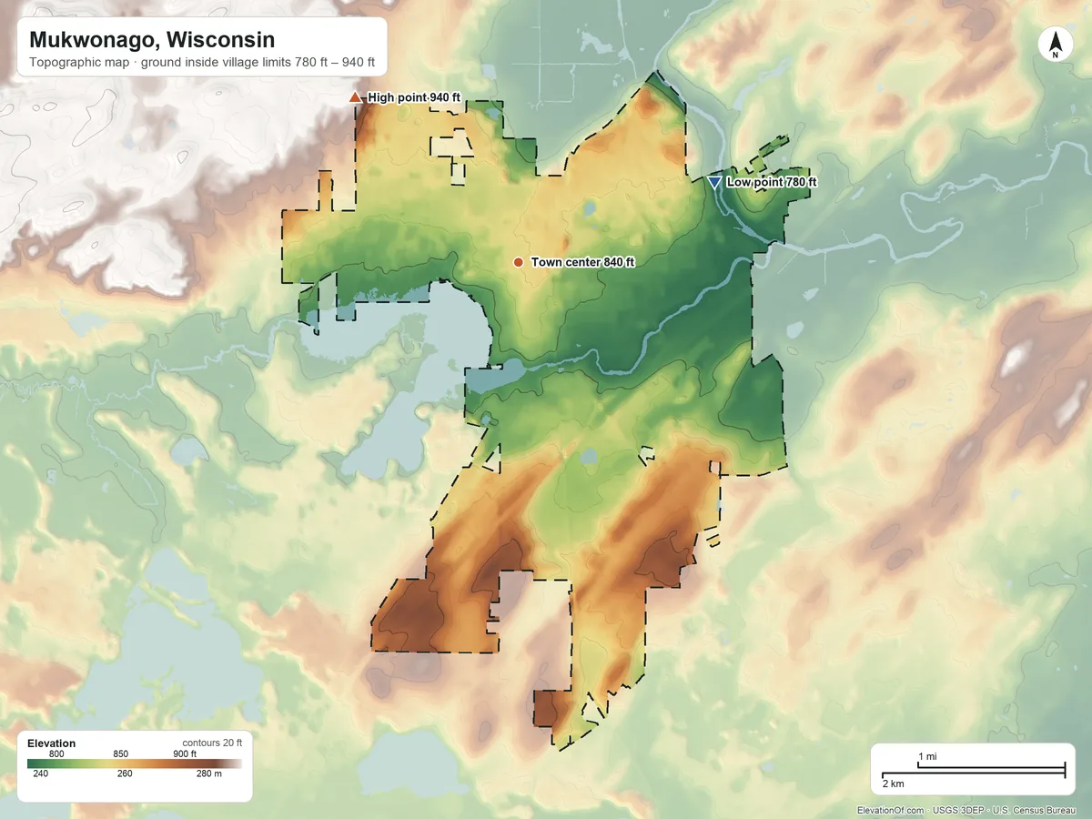 Topographic elevation map of Mukwonago, Wisconsin, shaded from 780 ft on the east side to 940 ft on the northwest side