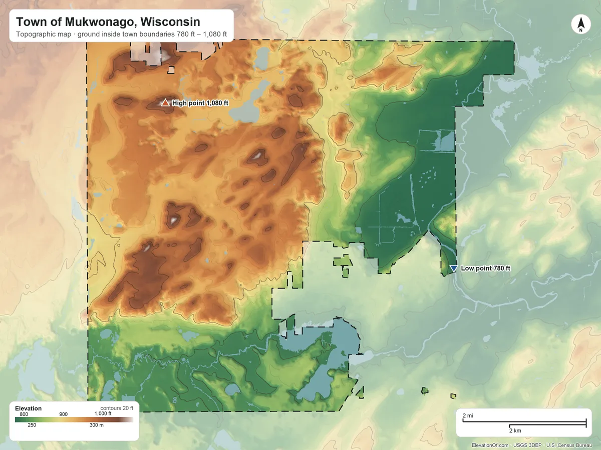 Topographic elevation map of Town of Mukwonago, Wisconsin, shaded from 780 ft on the east side to 1,080 ft on the northwest side