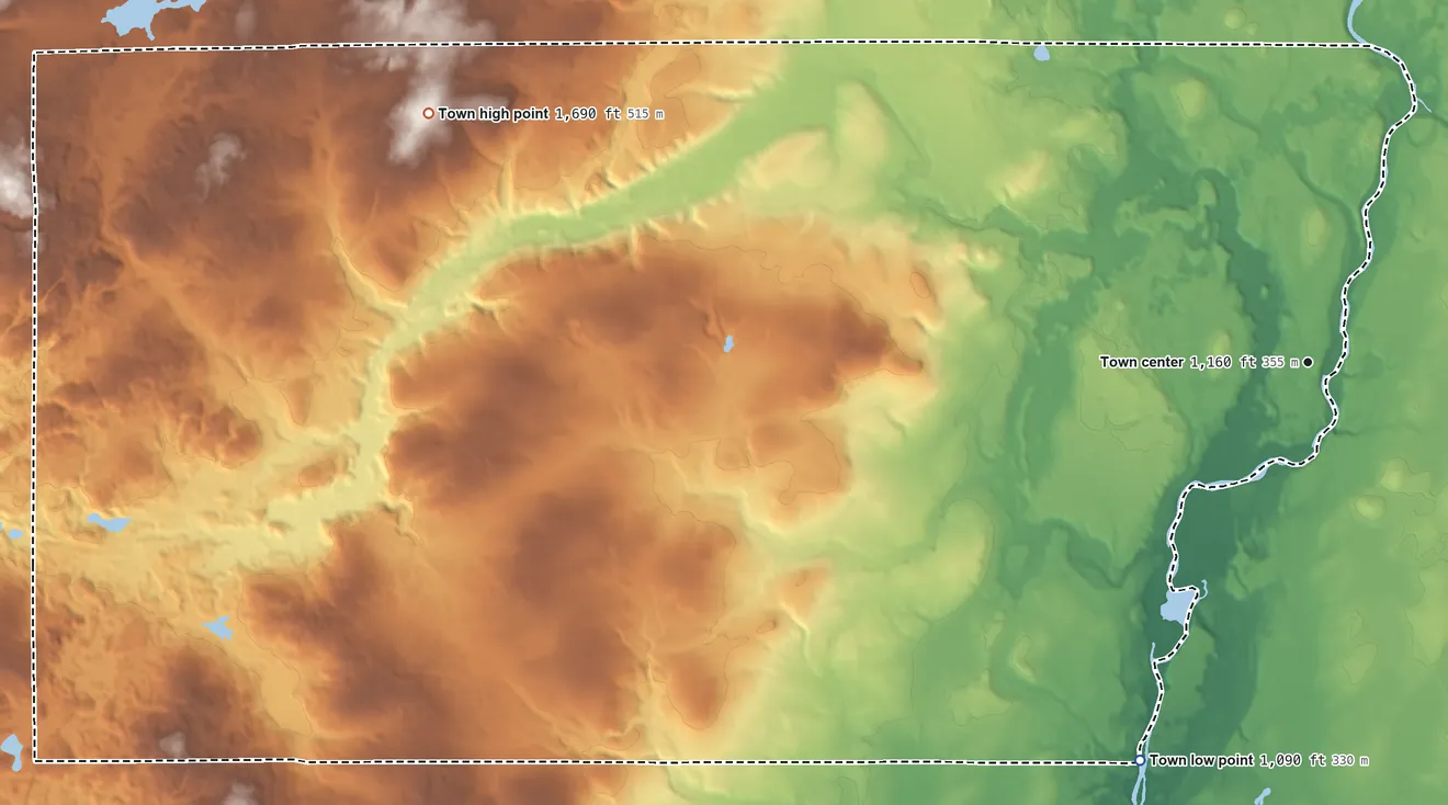 Topographic elevation map of Murry, Wisconsin, shaded from 1,090 ft on the southwest side to 1,690 ft on the west side