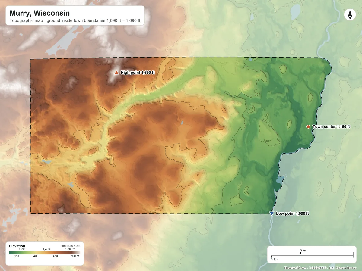 Topographic elevation map of Murry, Wisconsin, shaded from 1,090 ft on the southwest side to 1,690 ft on the west side