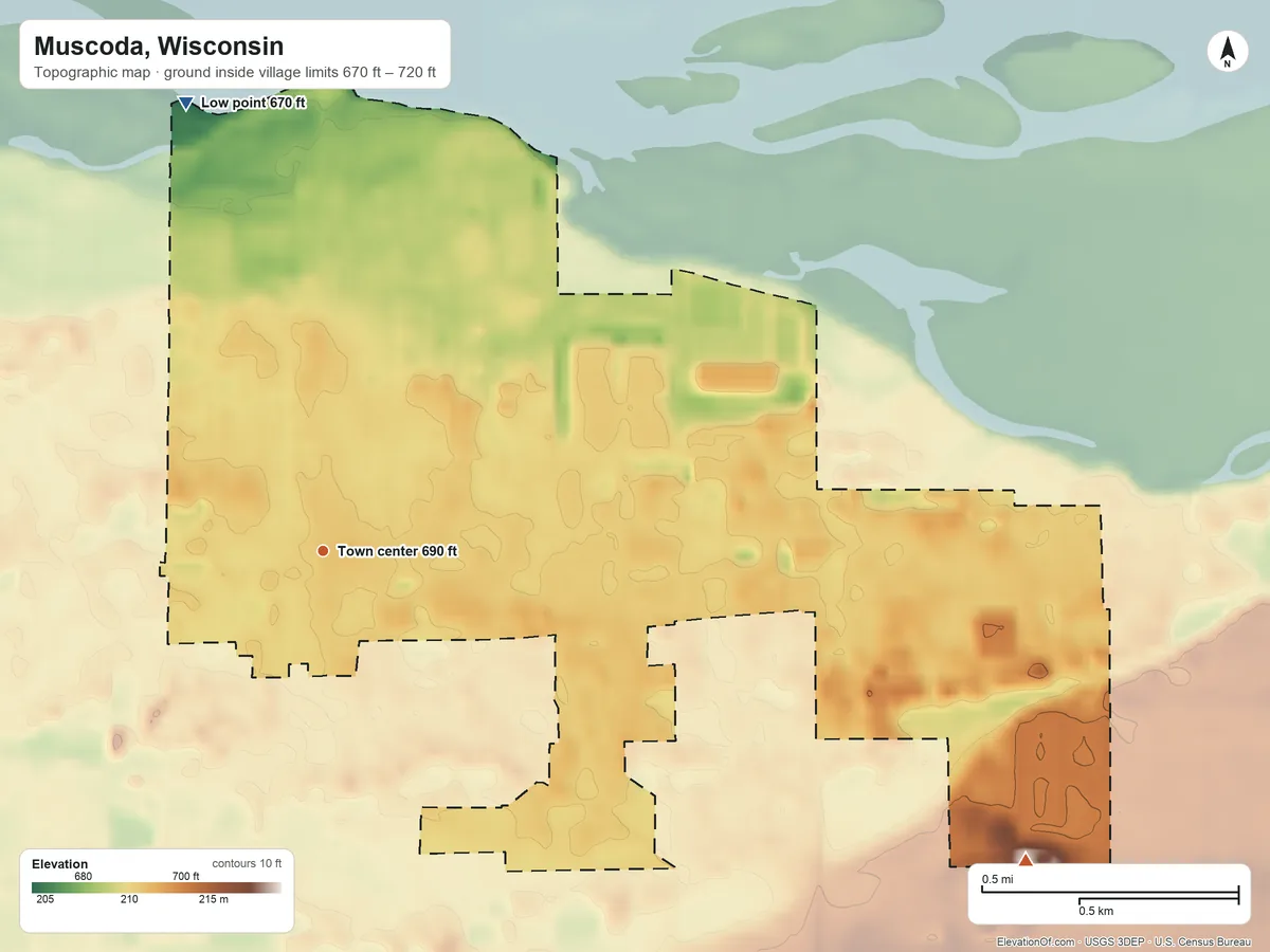 Topographic elevation map of Muscoda, Wisconsin, shaded from 670 ft on the north side to 720 ft on the southeast edge, below higher ground just outside