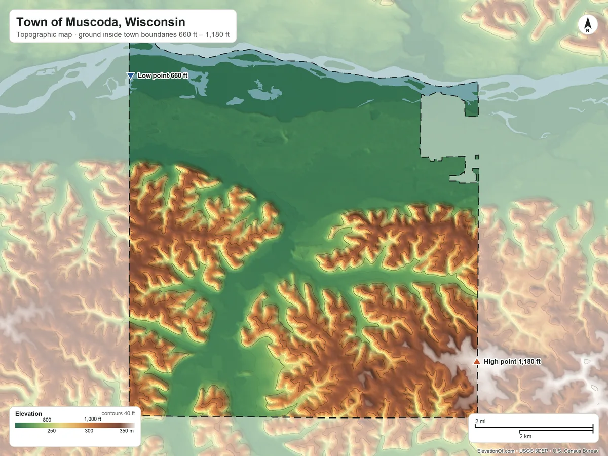 Topographic elevation map of Town of Muscoda, Wisconsin, shaded from 660 ft on the northwest side to 1,180 ft on the southeast side