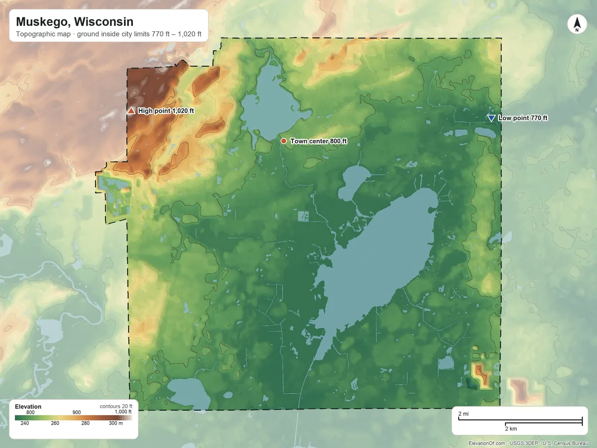Topographic elevation map of Muskego, Wisconsin, shaded from 770 ft on the east side to 1,020 ft on the west side
