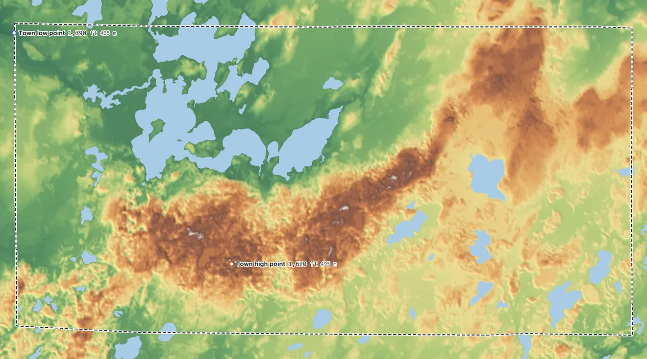Topographic elevation map of Namakagon, Wisconsin, shaded from 1,390 ft on the west side to 1,620 ft on the south side