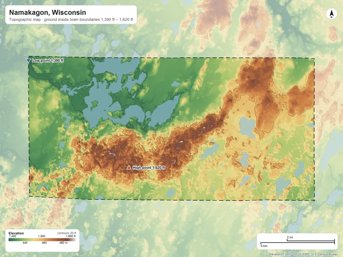 Topographic elevation map of Namakagon, Wisconsin, shaded from 1,390 ft on the west side to 1,620 ft on the south side