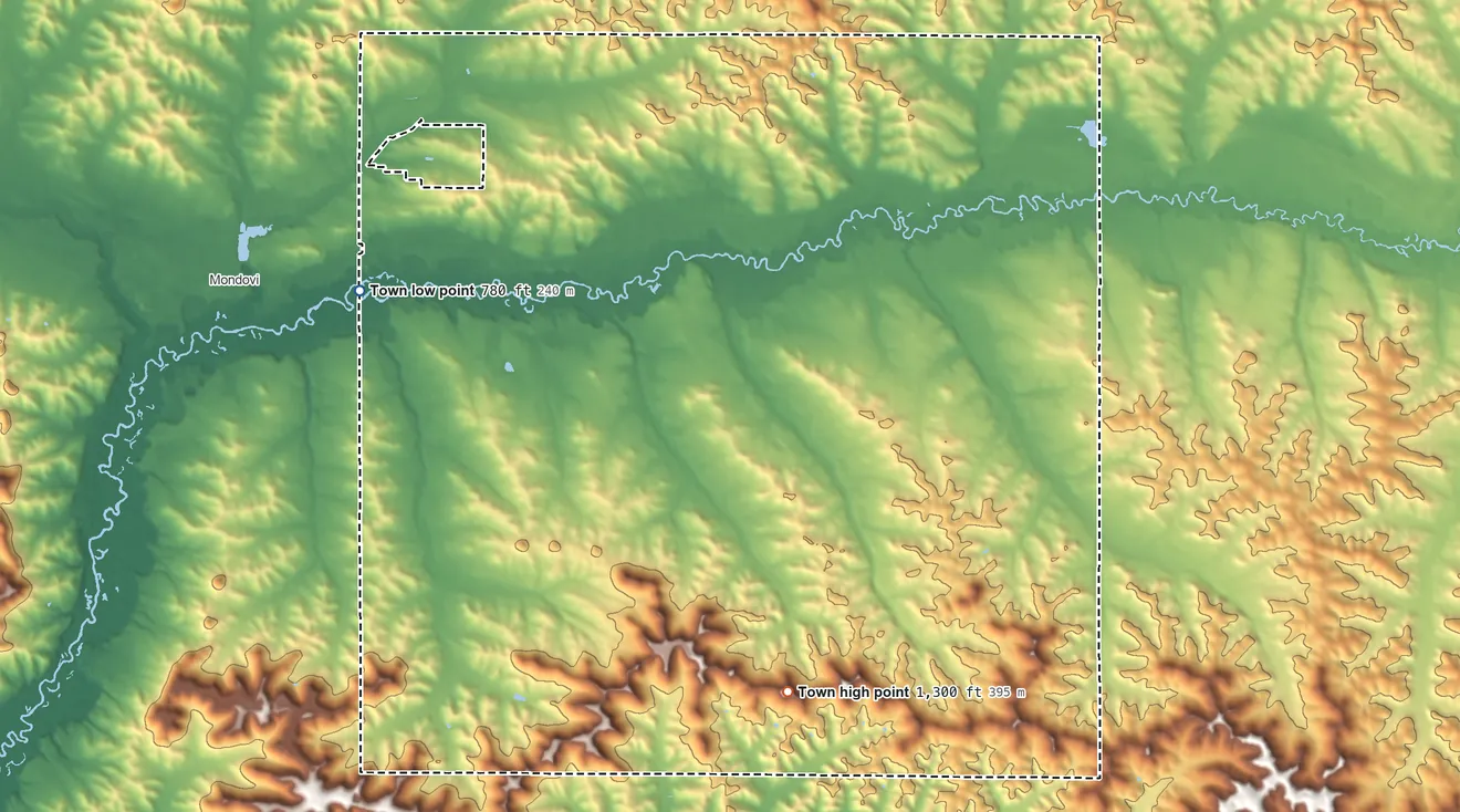 Topographic elevation map of Naples, Wisconsin, shaded from 780 ft on the west side to 1,300 ft on the southeast side