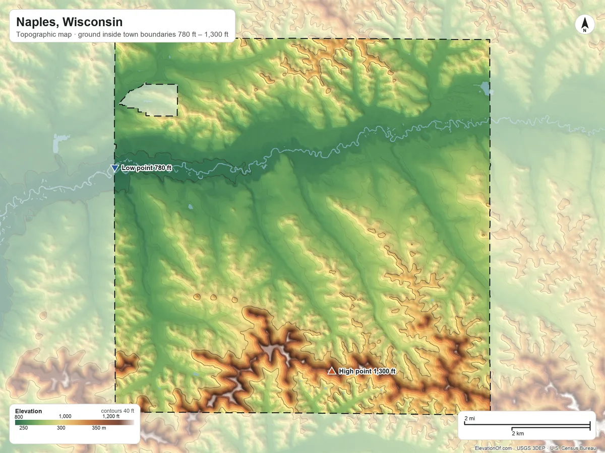Topographic elevation map of Naples, Wisconsin, shaded from 780 ft on the west side to 1,300 ft on the southeast side