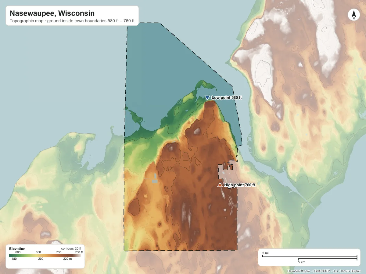 Topographic elevation map of Nasewaupee, Wisconsin, shaded from 580 ft on the north side to 760 ft on the east side