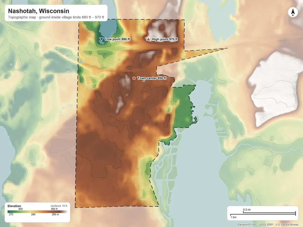 Topographic elevation map of Nashotah, Wisconsin, shaded from 880 ft on the northwest side to 970 ft on the north side