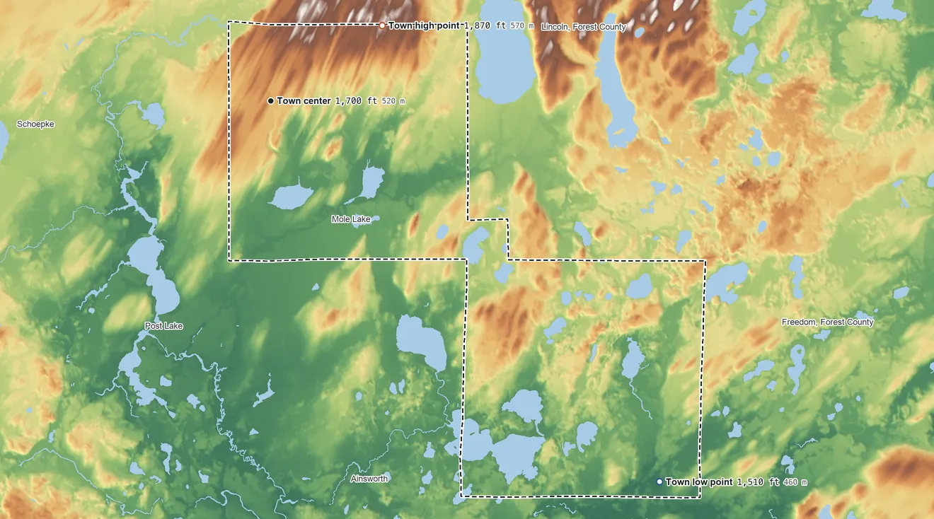 Topographic elevation map of Nashville, Wisconsin, shaded from 1,510 ft on the southeast side to 1,870 ft on the northeast side