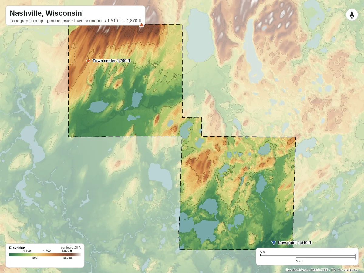 Topographic elevation map of Nashville, Wisconsin, shaded from 1,510 ft on the southeast side to 1,870 ft on the northeast side