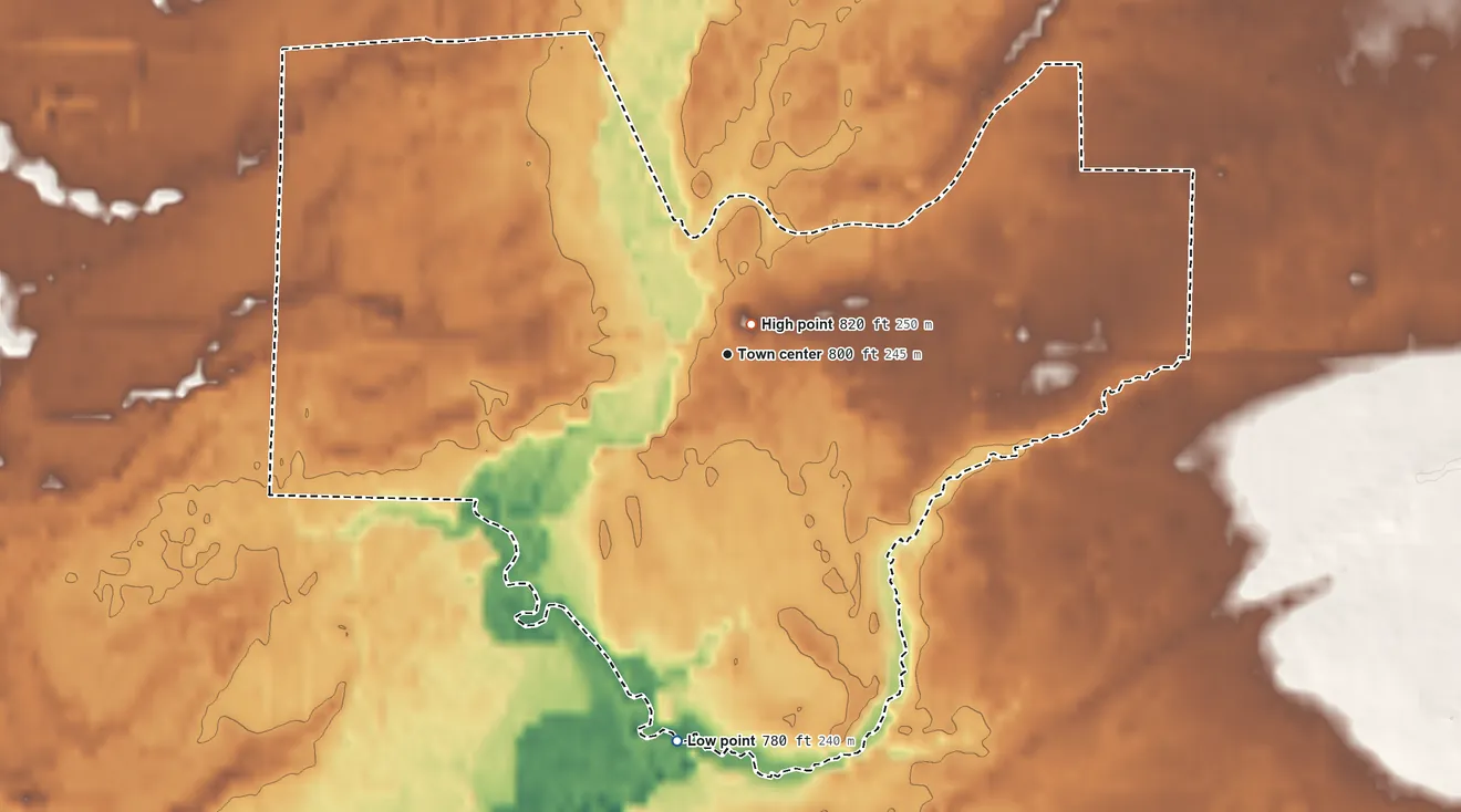 Topographic elevation map of Navarino, Shawano County, Wisconsin, shaded from 780 ft on the south side to 820 ft near the middle