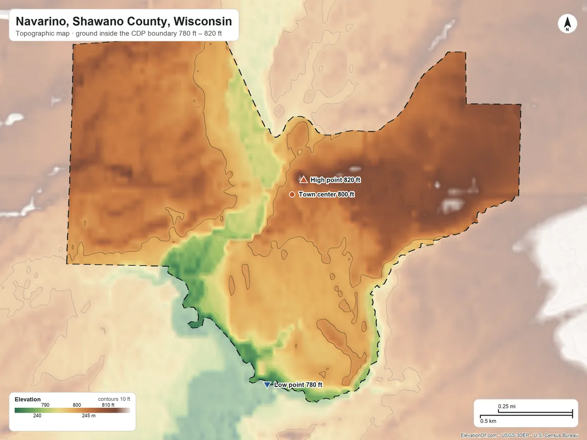 Topographic elevation map of Navarino, Shawano County, Wisconsin, shaded from 780 ft on the south side to 820 ft near the middle