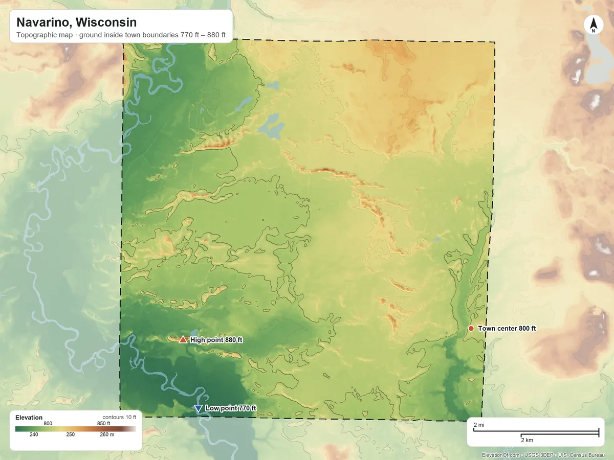 Topographic elevation map of Navarino, Wisconsin, shaded from 770 ft on the west side to 880 ft on the west side