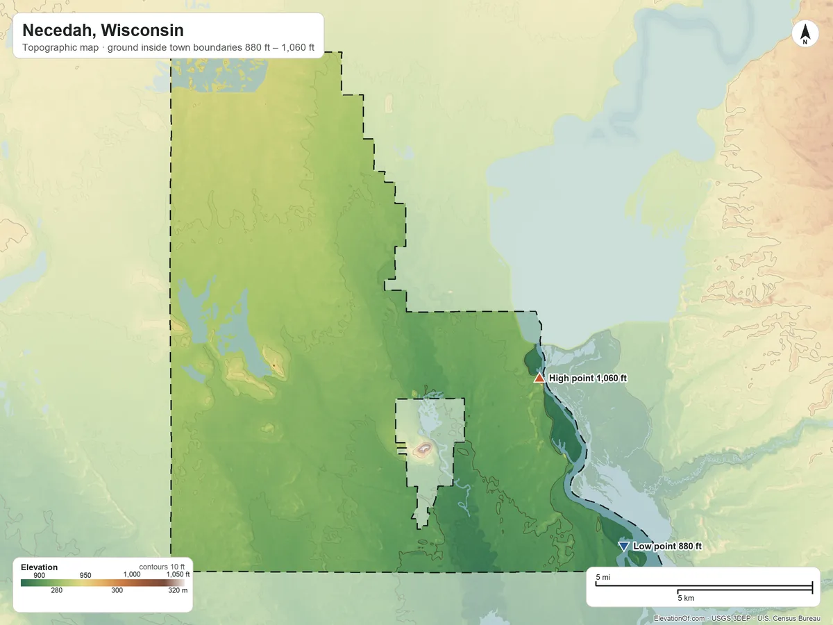 Topographic elevation map of Necedah, Wisconsin, shaded from 880 ft on the southeast side to 1,060 ft on Petenwell Rock