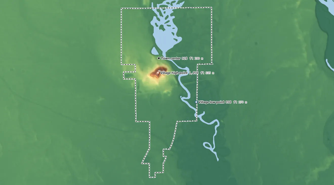 Topographic elevation map of Village of Necedah, Wisconsin, shaded from 890 ft on the southeast side to 1,093 ft on Necedah Bluff