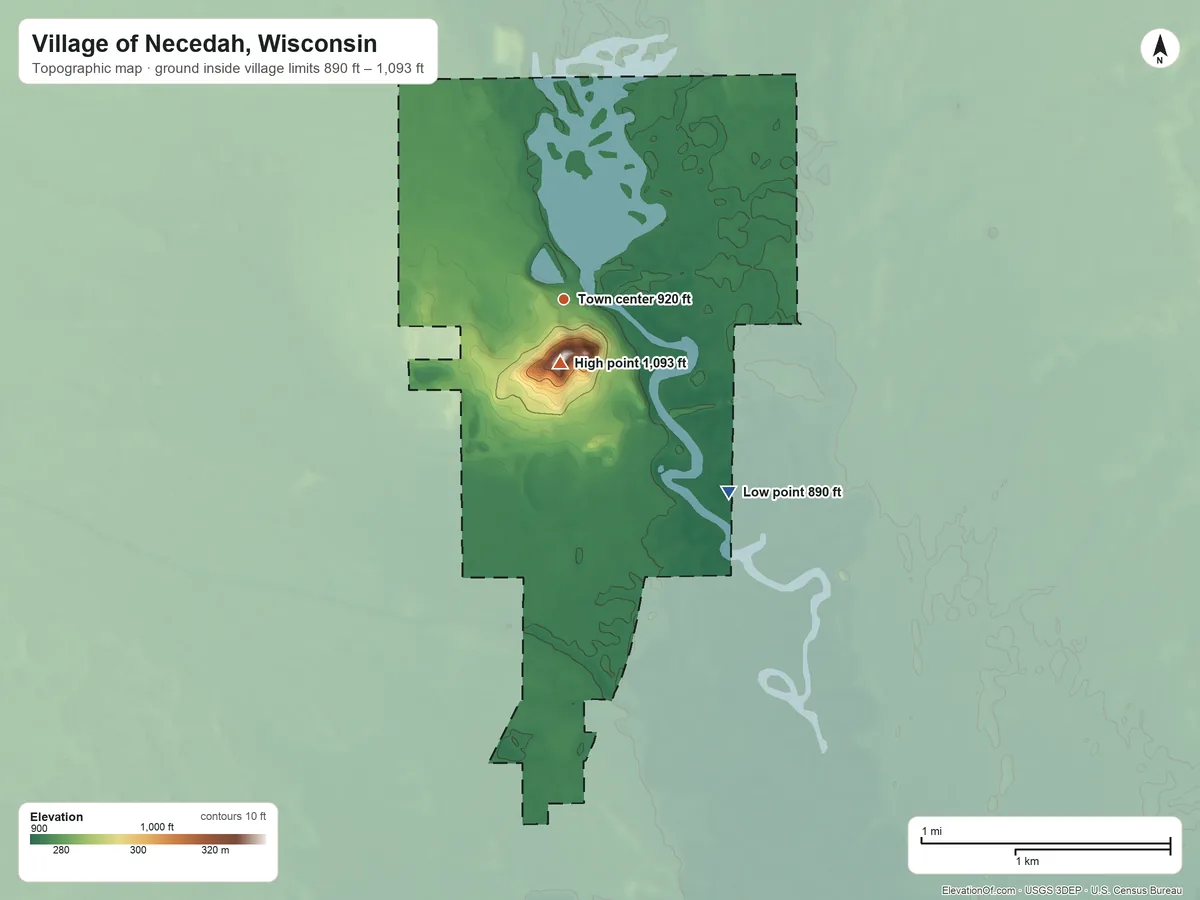 Topographic elevation map of Village of Necedah, Wisconsin, shaded from 890 ft on the southeast side to 1,093 ft on Necedah Bluff