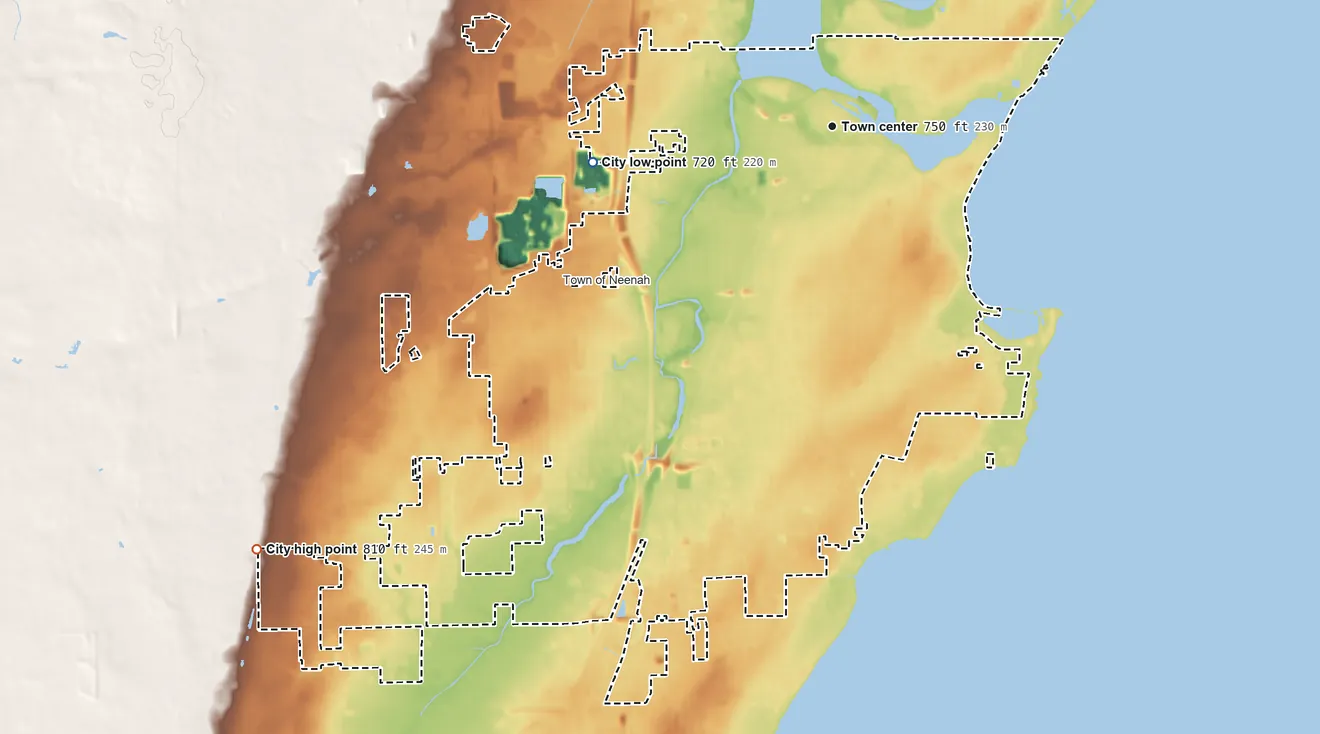 Topographic elevation map of Neenah, Wisconsin, shaded from 720 ft on the west side to 810 ft on the southwest side