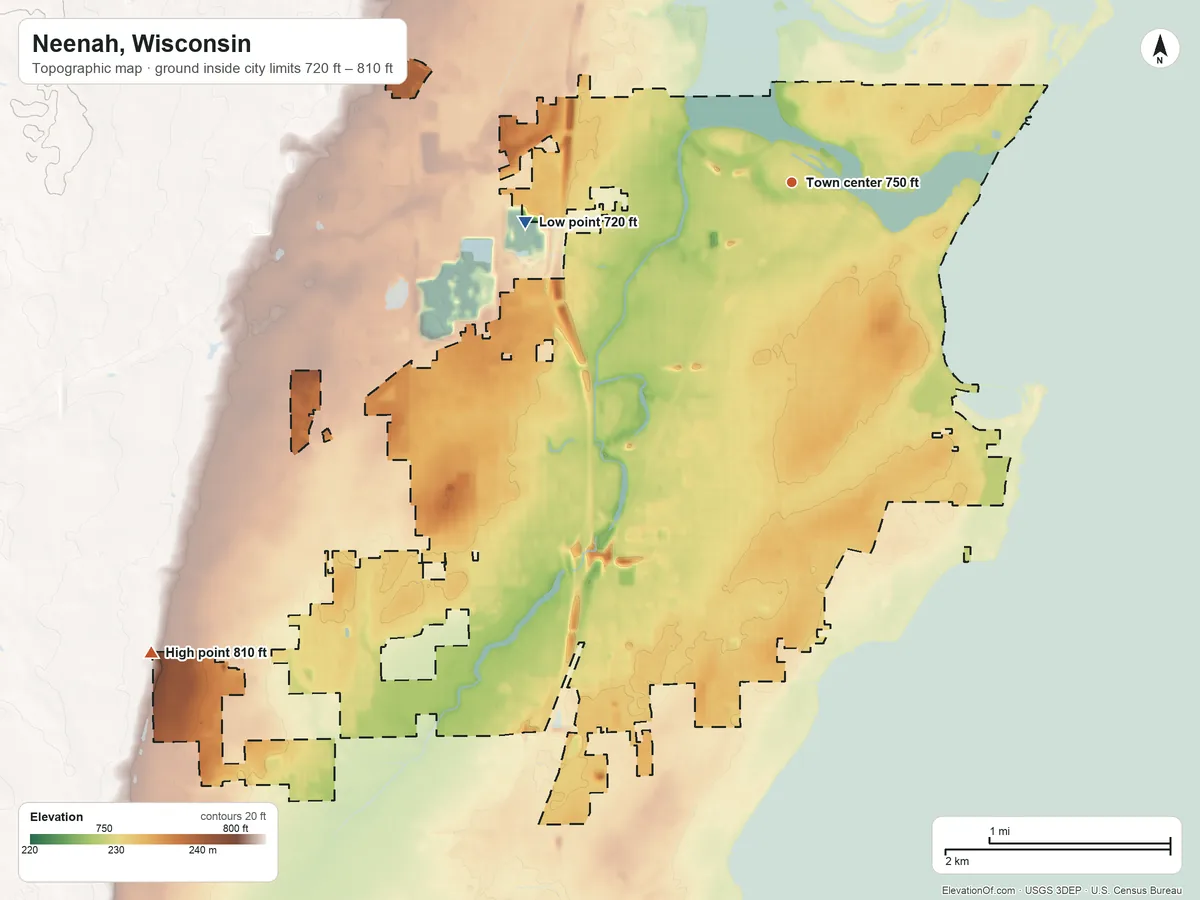 Topographic elevation map of Neenah, Wisconsin, shaded from 720 ft on the west side to 810 ft on the southwest side