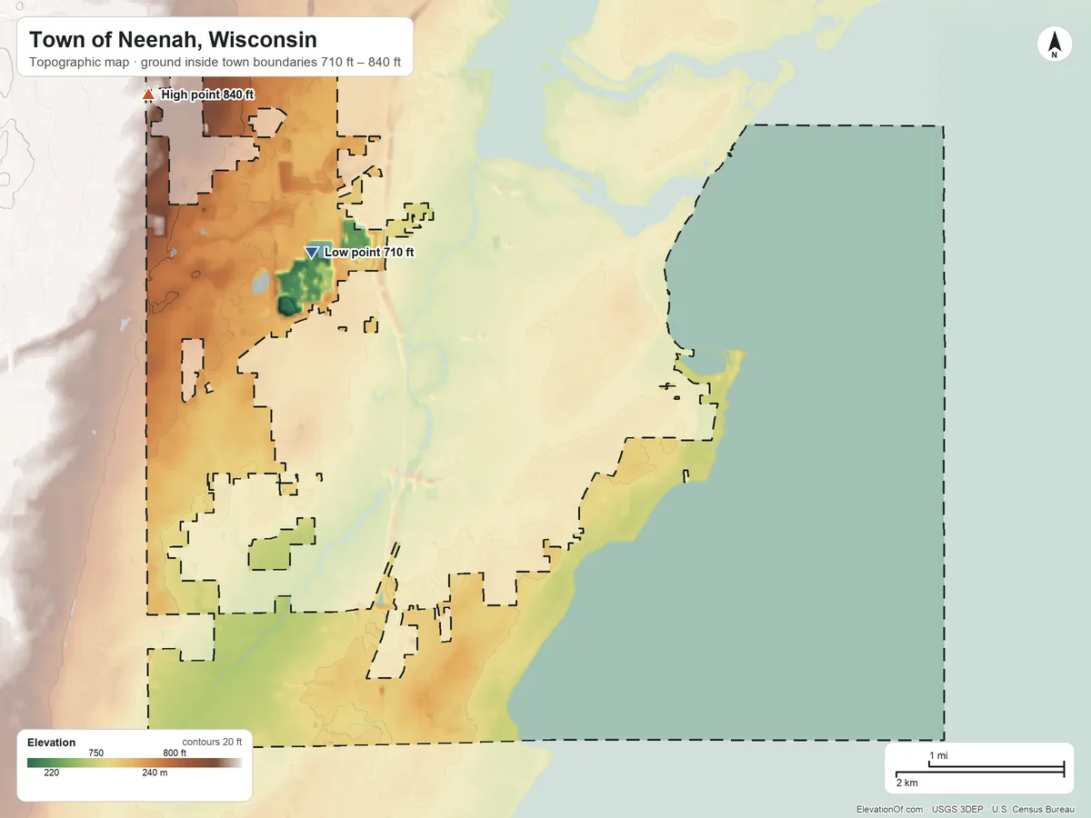 Topographic elevation map of Town of Neenah, Wisconsin, shaded from 710 ft near the middle to 840 ft on the northwest side