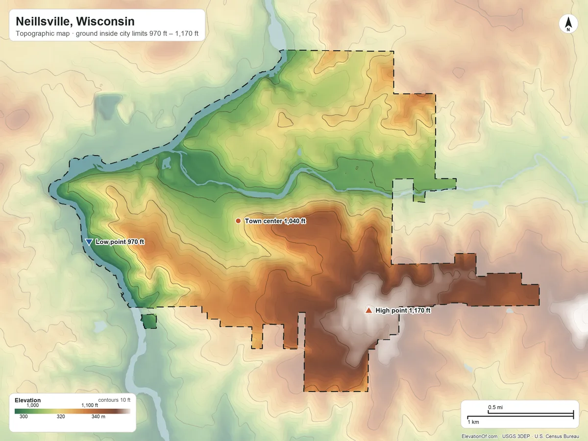 Topographic elevation map of Neillsville, Wisconsin, shaded from 970 ft on the west side to 1,170 ft on the southeast side