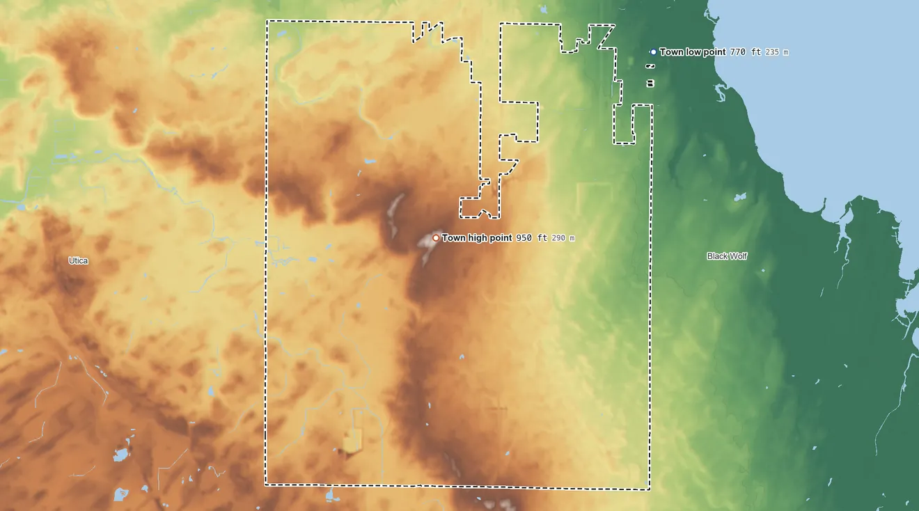 Topographic elevation map of Nekimi, Wisconsin, shaded from 770 ft on the northeast side to 950 ft near the middle