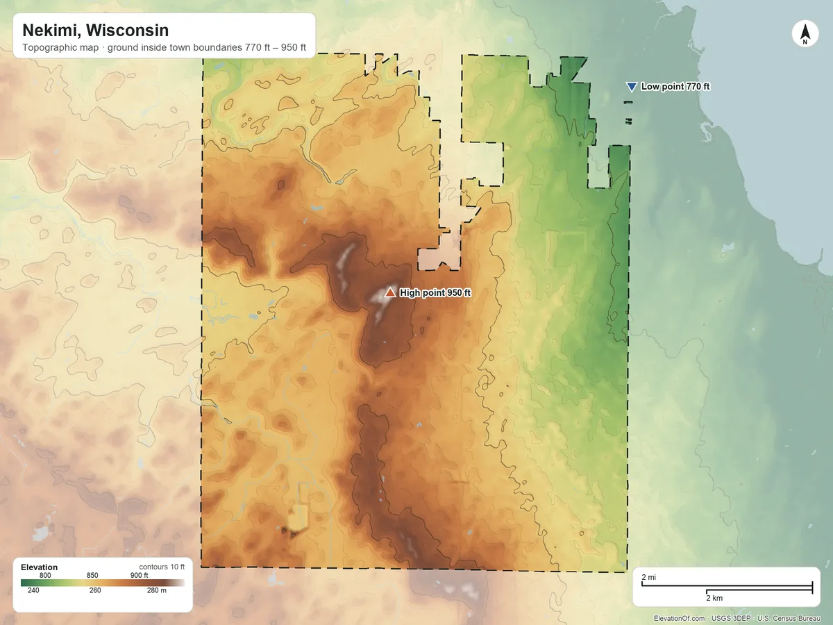 Topographic elevation map of Nekimi, Wisconsin, shaded from 770 ft on the northeast side to 950 ft near the middle