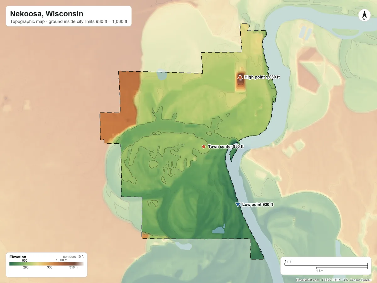 Topographic elevation map of Nekoosa, Wisconsin, shaded from 930 ft on the southeast side to 1,030 ft on the northeast side