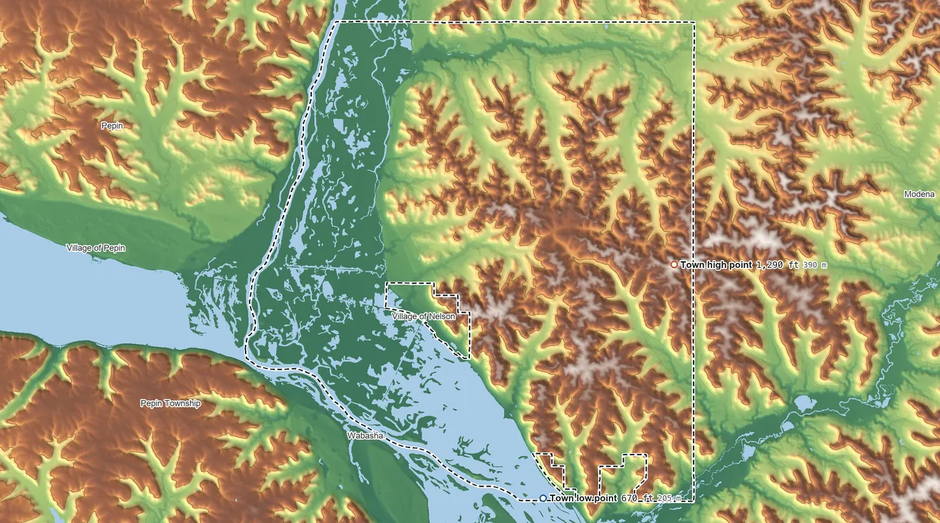 Topographic elevation map of Nelson, Wisconsin, shaded from 670 ft on the south side to 1,290 ft on the southeast side