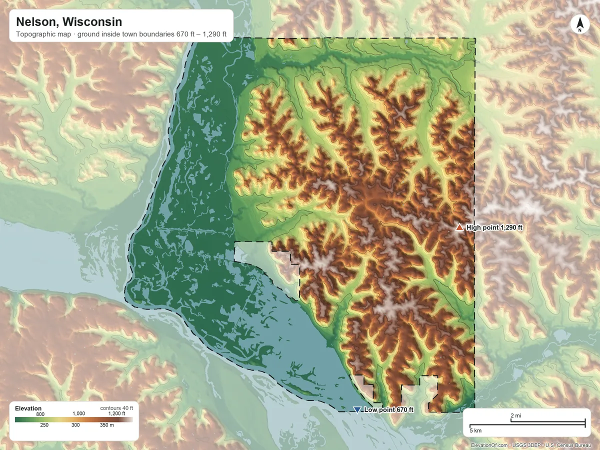 Topographic elevation map of Nelson, Wisconsin, shaded from 670 ft on the south side to 1,290 ft on the southeast side