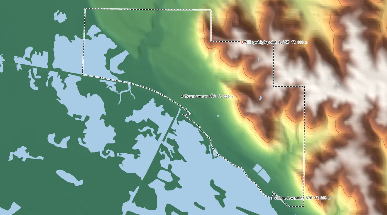 Topographic elevation map of Village of Nelson, Wisconsin, shaded from 670 ft on the southeast side to 1,250 ft on the northeast side